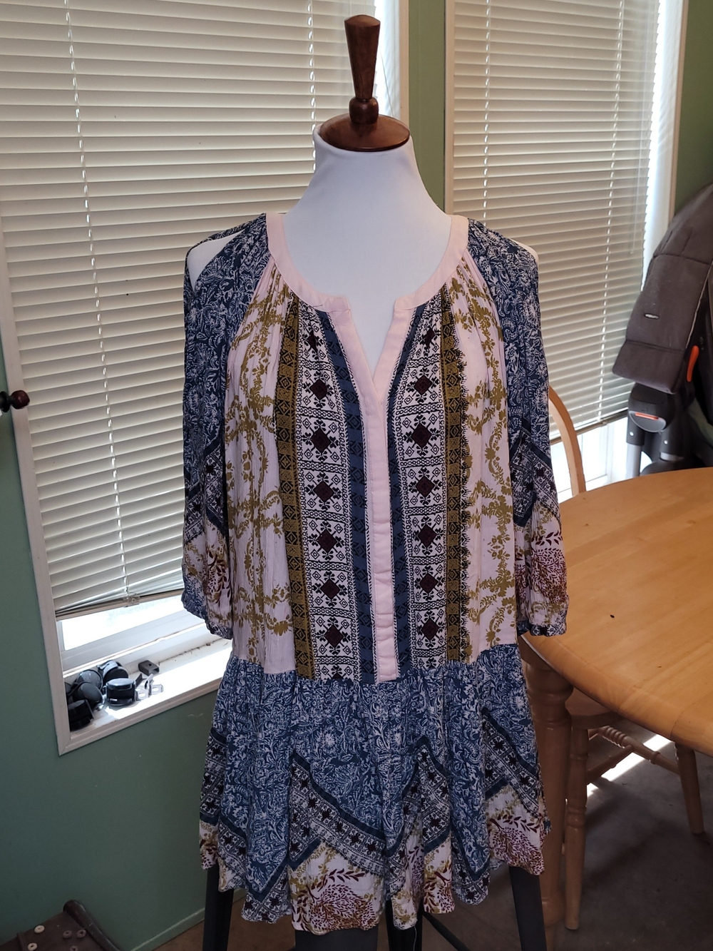 Free People Mixed Print Tunic in Navy, Blush & Olive NWOT